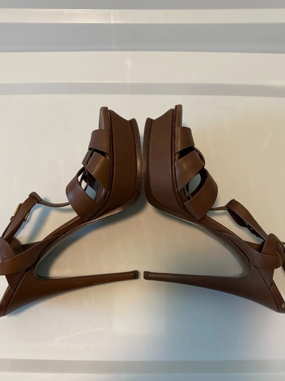 Vintage Y2K Yves Saint Laurent Brown Leather Knot-Strap Heeled Sandals